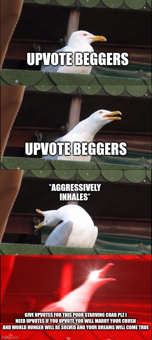 Inhaling Seagull Meme | UPVOTE BEGGERS; UPVOTE BEGGERS; *AGGRESSIVELY INHALES*; GIVE UPVOTES FOR THIS POOR STARVING CRAB PLZ I NEED UPVOTES IF YOU UPVOTE YOU WILL MARRY YOUR CRUSH AND WORLD HUNGER WILL BE SOLVED AND YOUR DREAMS WILL COME TRUE | image tagged in memes,inhaling seagull | made w/ Imgflip meme maker