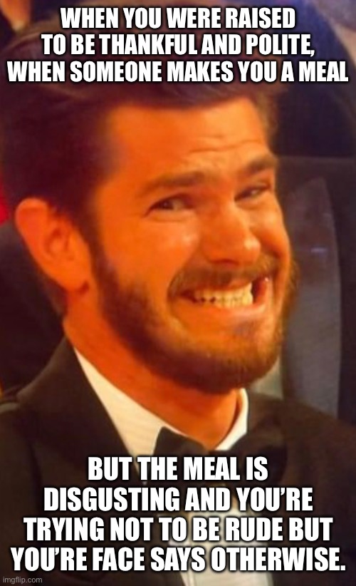 Andrew Awkward Face | WHEN YOU WERE RAISED TO BE THANKFUL AND POLITE, WHEN SOMEONE MAKES YOU A MEAL; BUT THE MEAL IS DISGUSTING AND YOU’RE TRYING NOT TO BE RUDE BUT YOU’RE FACE SAYS OTHERWISE. | image tagged in andrew garfield,awkward,dies from cringe,funny | made w/ Imgflip meme maker