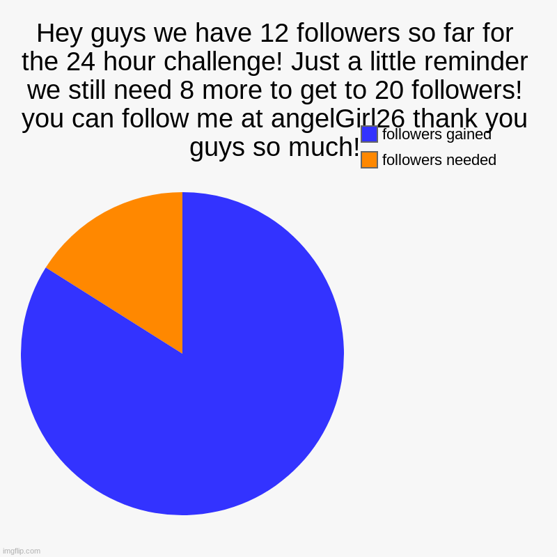 any questions? comment down below! :D | Hey guys we have 12 followers so far for the 24 hour challenge! Just a little reminder we still need 8 more to get to 20 followers! you can  | image tagged in charts,pie charts | made w/ Imgflip chart maker
