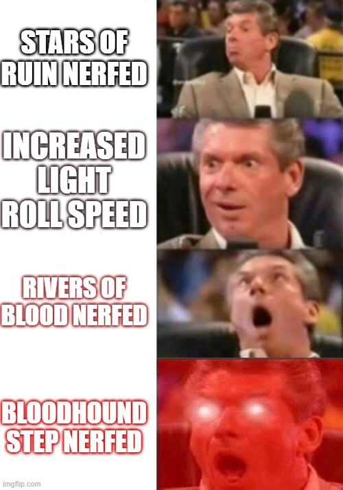 Elden ring patch 1.06!! | STARS OF RUIN NERFED; INCREASED LIGHT ROLL SPEED; RIVERS OF BLOOD NERFED; BLOODHOUND STEP NERFED | image tagged in mr mcmahon reaction,elders,elden ring,elden ring nerf,elden ring bloodhound step | made w/ Imgflip meme maker