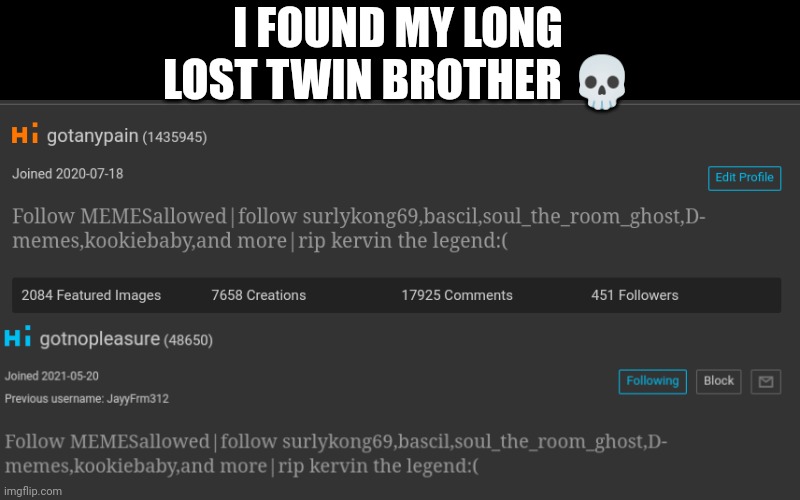 Twin | I FOUND MY LONG LOST TWIN BROTHER 💀 | image tagged in gotnopleasure,gotanypain,something,who reads these | made w/ Imgflip meme maker