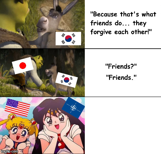 South Korea Japan Superfriends | image tagged in south korea,japan,friends,shrek,nato,usa | made w/ Imgflip meme maker