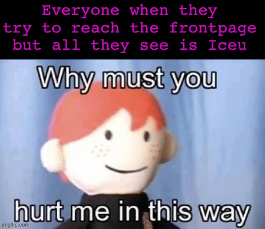 If this is in front page… | Everyone when they try to reach the frontpage but all they see is Iceu | image tagged in why must you hurt me this way,iceu,why,if you read this tag you are cursed,funy,mems | made w/ Imgflip meme maker