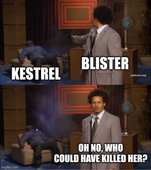 Oh no, poor kestrel! | BLISTER; KESTREL; OH NO, WHO COULD HAVE KILLED HER? | image tagged in memes,who killed hannibal | made w/ Imgflip meme maker