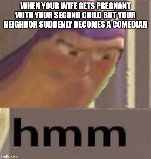 hmm | WHEN YOUR WIFE GETS PREGNANT WITH YOUR SECOND CHILD BUT YOUR NEIGHBOR SUDDENLY BECOMES A COMEDIAN | image tagged in buzz lightyear hmm | made w/ Imgflip meme maker