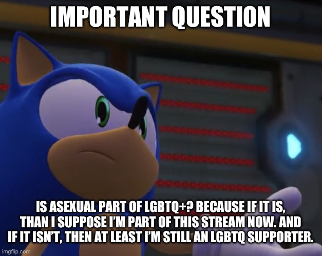 Important Questions | IMPORTANT QUESTION; IS ASEXUAL PART OF LGBTQ+? BECAUSE IF IT IS, THAN I SUPPOSE I’M PART OF THIS STREAM NOW. AND IF IT ISN’T, THEN AT LEAST I’M STILL AN LGBTQ SUPPORTER. | image tagged in important questions | made w/ Imgflip meme maker