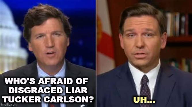 Watch DeSantis parrot whatever Carlson's audience wants to hear.  DeSantis is virtue signaling. A real Profile in Cowardice. | WHO'S AFRAID OF 

DISGRACED LIAR TUCKER CARLSON? UH... | image tagged in disgrace,liar,tucker carlson,parrot,ron desantis | made w/ Imgflip meme maker