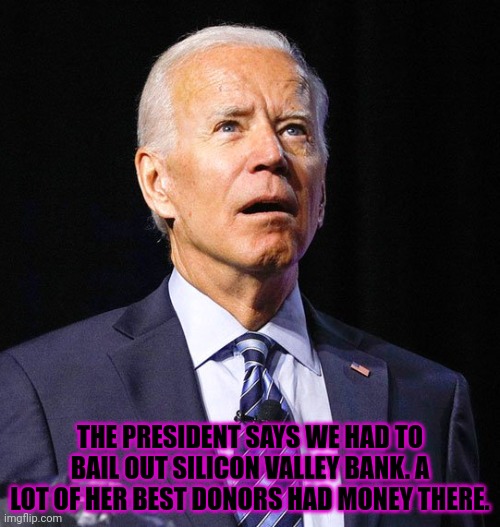 Joe Biden | THE PRESIDENT SAYS WE HAD TO BAIL OUT SILICON VALLEY BANK. A LOT OF HER BEST DONORS HAD MONEY THERE. | image tagged in joe biden | made w/ Imgflip meme maker