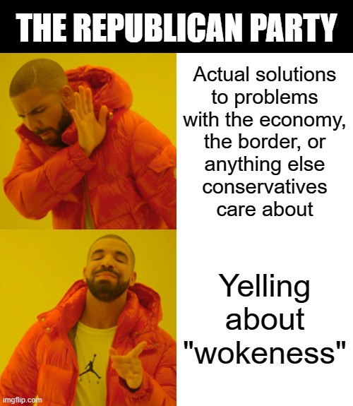 People who whine about made up problems instead of offering solutions to real problems don't belong in positions of leadership. | THE REPUBLICAN PARTY; Actual solutions
to problems
with the economy,
the border, or
anything else
conservatives
care about; Yelling about "wokeness" | image tagged in memes,drake hotline bling,gop,republican party,woke,economy | made w/ Imgflip meme maker