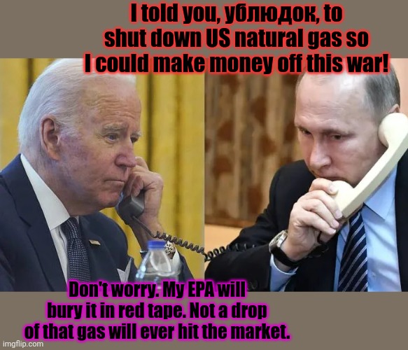 I told you, ублюдок, to shut down US natural gas so I could make money off this war! Don't worry. My EPA will bury it in red tape. Not a dro | made w/ Imgflip meme maker