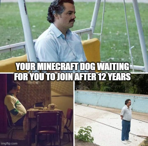 Sad Pablo Escobar | YOUR MINECRAFT DOG WAITING FOR YOU TO JOIN AFTER 12 YEARS | image tagged in memes,sad pablo escobar,cry | made w/ Imgflip meme maker
