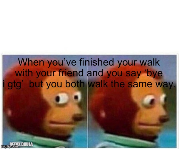 Awkward | When you’ve finished your walk with your friend and you say ‘bye i gtg’  but you both walk the same way. DETOX DOULA | image tagged in memes,monkey puppet | made w/ Imgflip meme maker