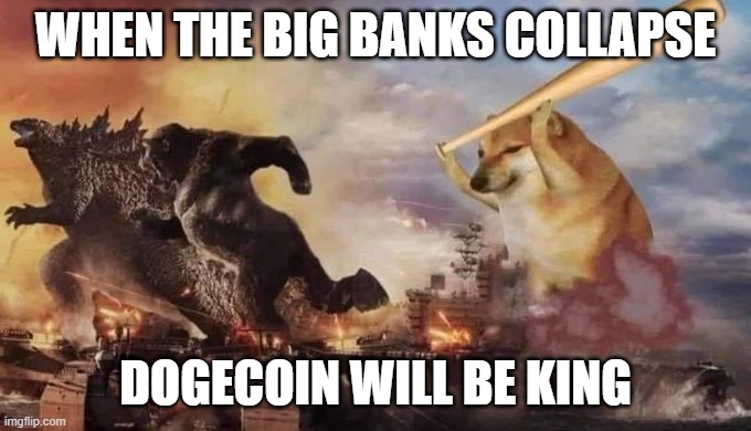 The King | WHEN THE BIG BANKS COLLAPSE; DOGECOIN WILL BE KING | image tagged in dogecoin,kong godzilla doge | made w/ Imgflip meme maker