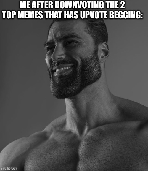 Be chad | ME AFTER DOWNVOTING THE 2 TOP MEMES THAT HAS UPVOTE BEGGING: | image tagged in giga chad | made w/ Imgflip meme maker