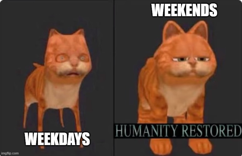 humanity restored | WEEKENDS; WEEKDAYS | image tagged in humanity restored | made w/ Imgflip meme maker
