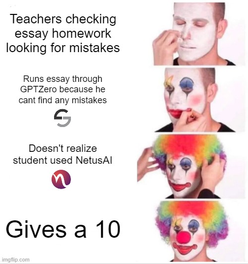 Paraphrasing tool meme | Teachers checking essay homework looking for mistakes; Runs essay through GPTZero because he cant find any mistakes; Doesn't realize student used NetusAI; Gives a 10 | image tagged in memes,clown applying makeup | made w/ Imgflip meme maker
