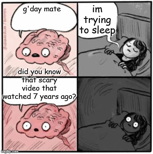 Brain Before Sleep | im trying to sleep; g'day mate; did you know that scary video that watched 7 years ago? | image tagged in brain before sleep | made w/ Imgflip meme maker