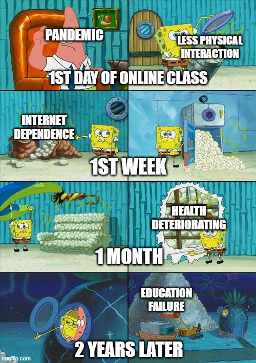 MEMEGODS | PANDEMIC; LESS PHYSICAL INTERACTION; 1ST DAY OF ONLINE CLASS; INTERNET DEPENDENCE; 1ST WEEK; HEALTH
DETERIORATING; 1 MONTH; EDUCATION
FAILURE; 2 YEARS LATER | image tagged in spongebob shows patrick garbage | made w/ Imgflip meme maker
