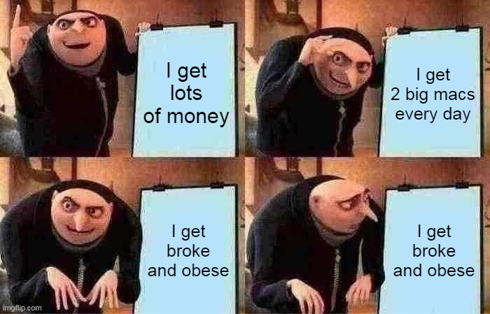 Gru's Plan | I get lots of money; I get 2 big macs every day; I get broke and obese; I get broke and obese | image tagged in memes,gru's plan | made w/ Imgflip meme maker
