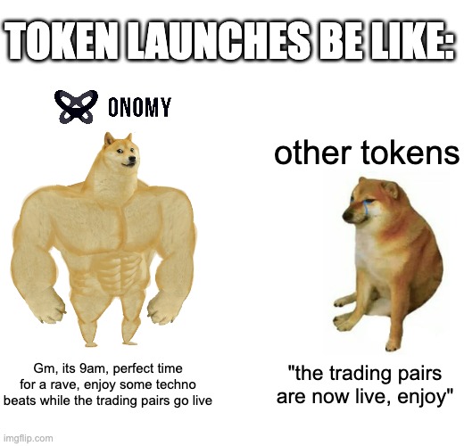 token launches | TOKEN LAUNCHES BE LIKE:; other tokens; Gm, its 9am, perfect time for a rave, enjoy some techno beats while the trading pairs go live; "the trading pairs are now live, enjoy" | image tagged in memes,buff doge vs cheems | made w/ Imgflip meme maker