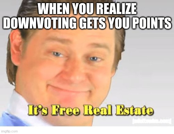 It's Free Real Estate | WHEN YOU REALIZE DOWNVOTING GETS YOU POINTS | image tagged in it's free real estate | made w/ Imgflip meme maker