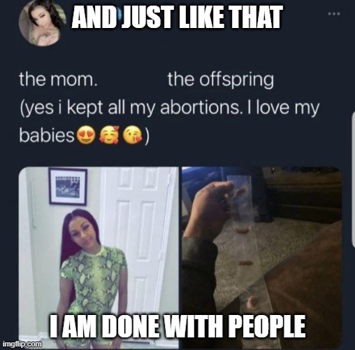 my lord | AND JUST LIKE THAT; I AM DONE WITH PEOPLE | image tagged in stupid people,abortion,children | made w/ Imgflip meme maker