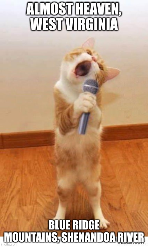 Cat Singer | ALMOST HEAVEN, WEST VIRGINIA; BLUE RIDGE MOUNTAINS, SHENANDOAH RIVER | image tagged in cat singer | made w/ Imgflip meme maker