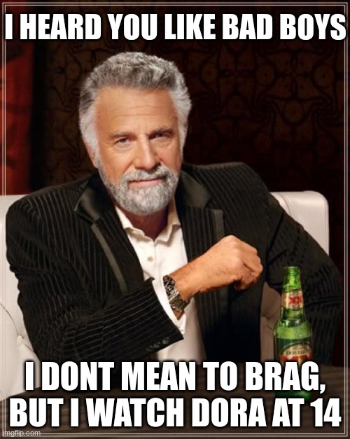The Most Interesting Man In The World Meme | I HEARD YOU LIKE BAD BOYS; I DONT MEAN TO BRAG, BUT I WATCH DORA AT 14 | image tagged in memes,the most interesting man in the world | made w/ Imgflip meme maker
