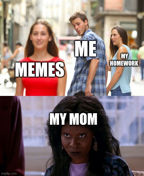 whooping incoming | ME; MY HOMEWORK; MEMES; MY MOM | image tagged in memes,distracted boyfriend,whoopighost | made w/ Imgflip meme maker