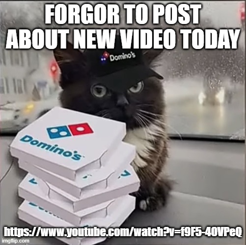 Dominos Cat | FORGOR TO POST ABOUT NEW VIDEO TODAY; https://www.youtube.com/watch?v=f9F5-4OVPeQ | image tagged in dominos cat | made w/ Imgflip meme maker