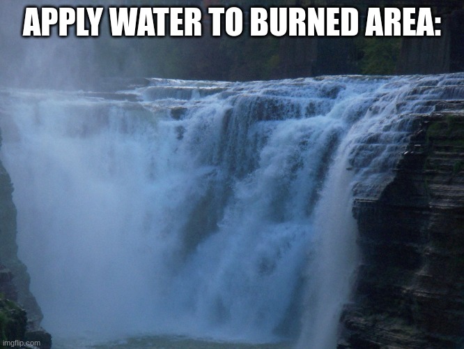 Waterfall New York | APPLY WATER TO BURNED AREA: | image tagged in waterfall new york | made w/ Imgflip meme maker