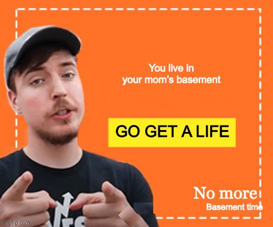 Mr. beast honey ad | You live in your mom’s basement; GO GET A LIFE; No more; Basement time | image tagged in mr beast honey ad | made w/ Imgflip meme maker