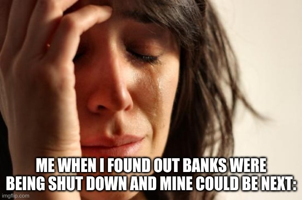 :( | ME WHEN I FOUND OUT BANKS WERE BEING SHUT DOWN AND MINE COULD BE NEXT: | image tagged in memes,first world problems,sad | made w/ Imgflip meme maker