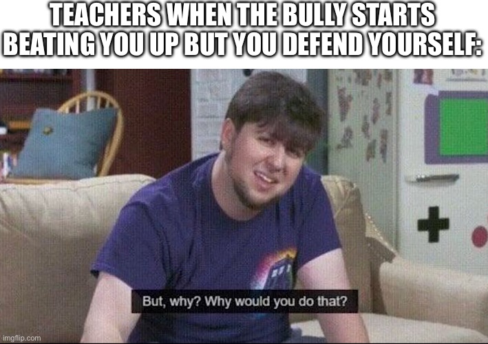 But why why would you do that? | TEACHERS WHEN THE BULLY STARTS BEATING YOU UP BUT YOU DEFEND YOURSELF: | image tagged in but why why would you do that | made w/ Imgflip meme maker