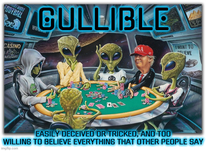 GULLIBLE | GULLIBLE; EASILY DECEIVED OR TRICKED, AND TOO WILLING TO BELIEVE EVERYTHING THAT OTHER PEOPLE SAY | image tagged in gullible,foolish,sucker,unsophisticated,tricked,decieved | made w/ Imgflip meme maker