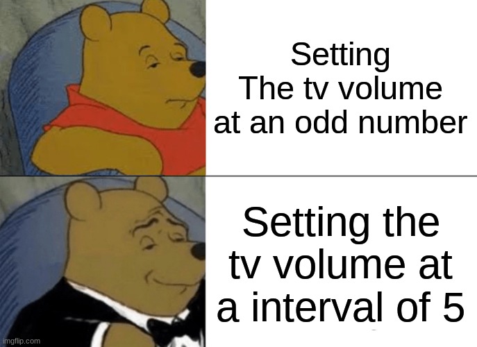 Tuxedo Winnie The Pooh | Setting The tv volume at an odd number; Setting the tv volume at a interval of 5 | image tagged in memes,tuxedo winnie the pooh | made w/ Imgflip meme maker