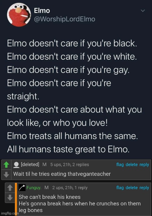Lol | image tagged in elmo,yummy,cursed comments,food | made w/ Imgflip meme maker