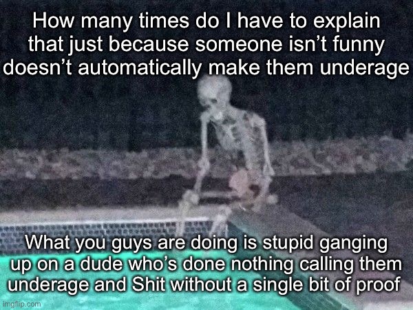 Skeleton pool | How many times do I have to explain that just because someone isn’t funny doesn’t automatically make them underage; What you guys are doing is stupid ganging up on a dude who’s done nothing calling them underage and Shit without a single bit of proof | image tagged in skeleton pool | made w/ Imgflip meme maker