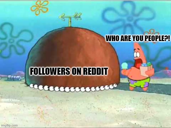 Patrick Who Are You People | WHO ARE YOU PEOPLE?! FOLLOWERS ON REDDIT | image tagged in patrick who are you people | made w/ Imgflip meme maker