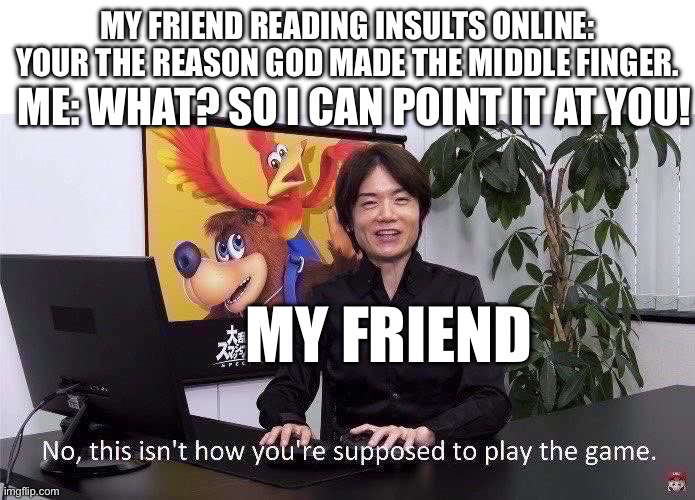 This Isn't How You're Supposed to Play the GaME | ME: WHAT? SO I CAN POINT IT AT YOU! MY FRIEND READING INSULTS ONLINE: YOUR THE REASON GOD MADE THE MIDDLE FINGER. MY FRIEND | image tagged in this isn't how you're supposed to play the game | made w/ Imgflip meme maker