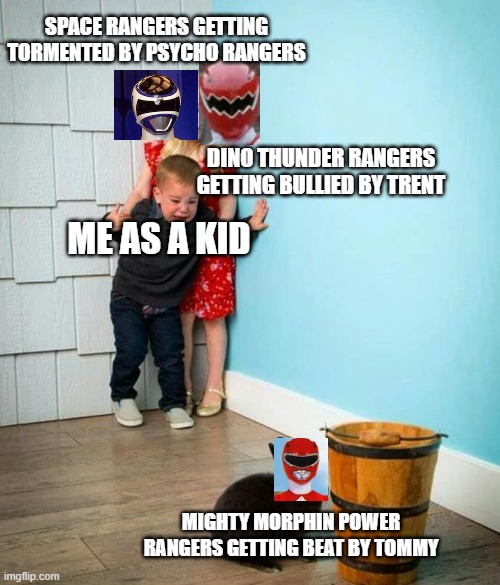 Children scared of rabbit | SPACE RANGERS GETTING TORMENTED BY PSYCHO RANGERS; DINO THUNDER RANGERS GETTING BULLIED BY TRENT; ME AS A KID; MIGHTY MORPHIN POWER RANGERS GETTING BEAT BY TOMMY | image tagged in children scared of rabbit | made w/ Imgflip meme maker