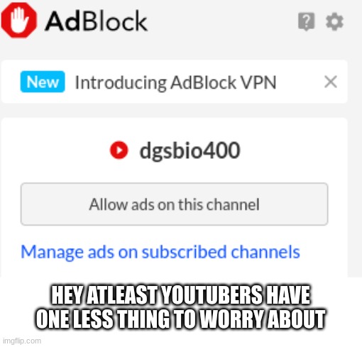 This allows monetization for certain channels | HEY AT LEAST YOUTUBERS HAVE ONE LESS THING TO WORRY ABOUT | image tagged in youtube,adblock,everyones a mod | made w/ Imgflip meme maker