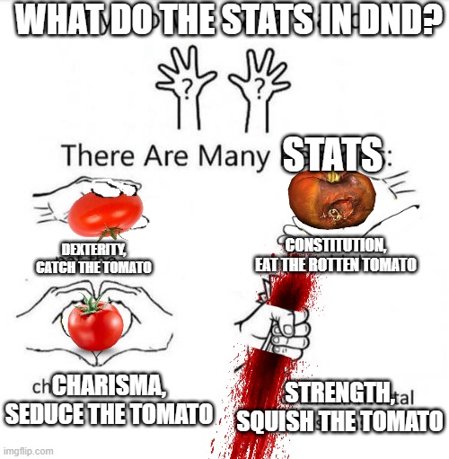 DND stat | WHAT DO THE STATS IN DND? STATS; CONSTITUTION,
EAT THE ROTTEN TOMATO; DEXTERITY,
CATCH THE TOMATO; CHARISMA,
SEDUCE THE TOMATO; STRENGTH,
SQUISH THE TOMATO | image tagged in why do we have hands,dnd,stats,tomato | made w/ Imgflip meme maker