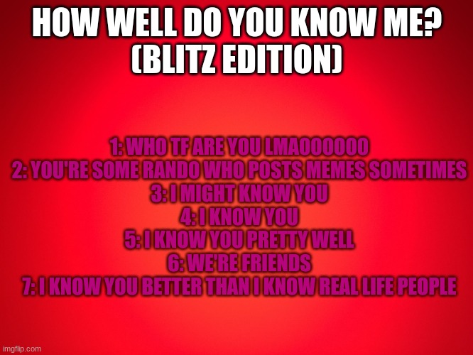 I would be genuinely surprised if I get higher than 3 or 4 | 1: WHO TF ARE YOU LMAOOOOOO
2: YOU'RE SOME RANDO WHO POSTS MEMES SOMETIMES
3: I MIGHT KNOW YOU
4: I KNOW YOU
5: I KNOW YOU PRETTY WELL
6: WE'RE FRIENDS
7: I KNOW YOU BETTER THAN I KNOW REAL LIFE PEOPLE; HOW WELL DO YOU KNOW ME?
(BLITZ EDITION) | image tagged in red background | made w/ Imgflip meme maker