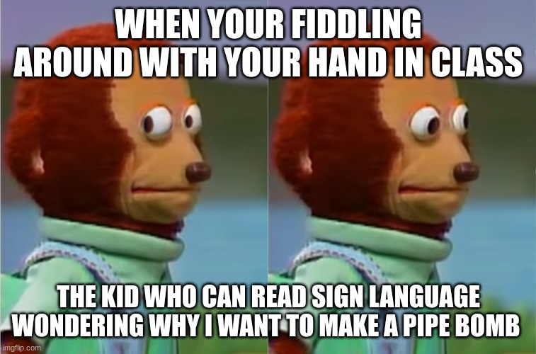 puppet Monkey looking away | WHEN YOUR FIDDLING AROUND WITH YOUR HAND IN CLASS; THE KID WHO CAN READ SIGN LANGUAGE WONDERING WHY I WANT TO MAKE A PIPE BOMB | image tagged in puppet monkey looking away | made w/ Imgflip meme maker