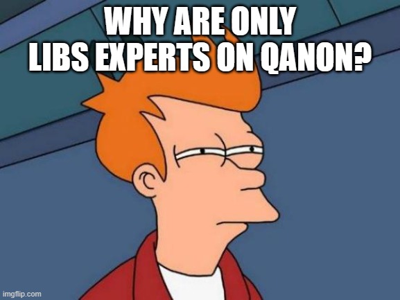 Futurama Fry Meme | WHY ARE ONLY LIBS EXPERTS ON QANON? | image tagged in memes,futurama fry | made w/ Imgflip meme maker