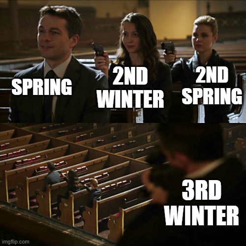 Does Mother Nature suffer from BPD? | SPRING; 2ND SPRING; 2ND WINTER; 3RD WINTER | image tagged in assassination chain | made w/ Imgflip meme maker