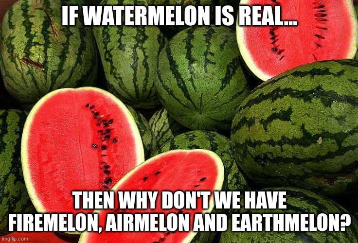 elemelons | IF WATERMELON IS REAL... THEN WHY DON'T WE HAVE FIREMELON, AIRMELON AND EARTHMELON? | image tagged in watermelons | made w/ Imgflip meme maker