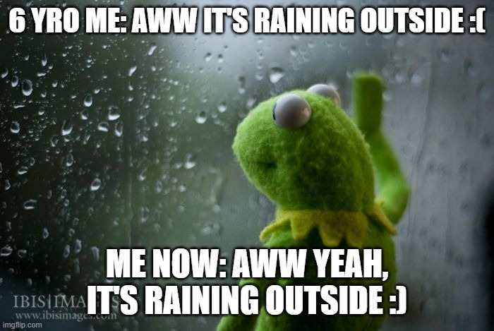 I just want to stay in and read books | 6 YRO ME: AWW IT'S RAINING OUTSIDE :(; ME NOW: AWW YEAH, IT'S RAINING OUTSIDE :) | image tagged in kermit window | made w/ Imgflip meme maker