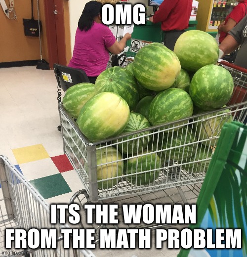 MATH WOMAN | OMG; ITS THE WOMAN FROM THE MATH PROBLEM | image tagged in shopping,school,memes,math,watermelon,watermelons | made w/ Imgflip meme maker